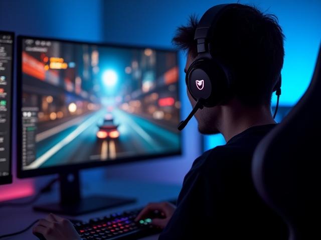 Gamer with headphones engrossed in a competitive online game with low latency display