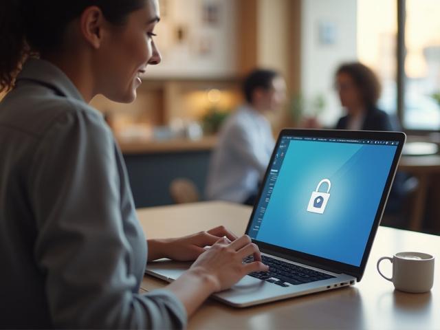 Person using a laptop at a cafe with a secure connection icon