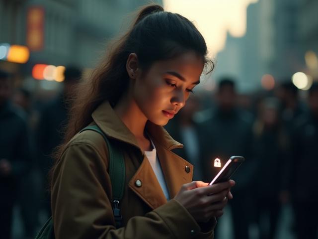 Activist using a smartphone in a protest setting, with digital overlay representing security